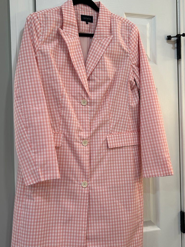 Nwt 1. State Gingham Print Peak Lapel Button Front Flap Pocket Long Sleeve Coat